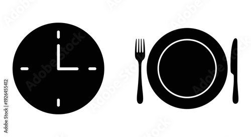 Silhouettes of a clock and a plate with cutlery against a plain background Vector, illustration
