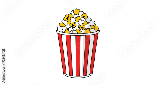 Cartoon style red and white popcorn bucket with popcorn