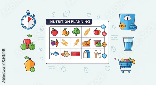 Nutrition planning concept with food icons and chart on a light blue background for healthy eating and meal organization