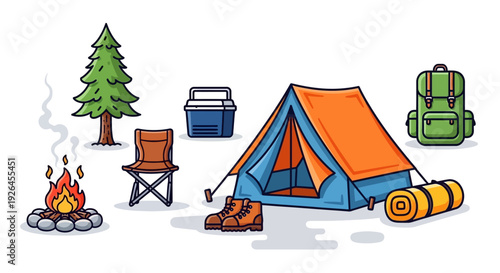 Vector illustration of camping equipment with tent and campfire
