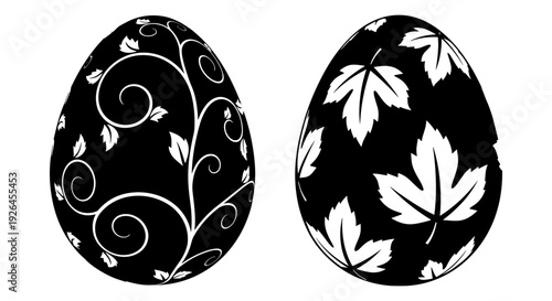 Easter eggs decorated with contrasting black and white floral and leaf patterns Vector, illustration