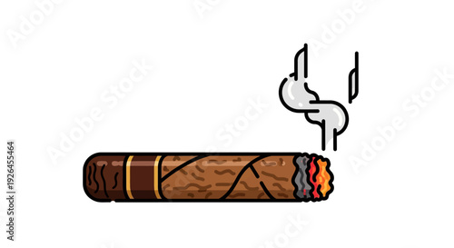Illustration of a Lit Cigar with Smoke on White Background