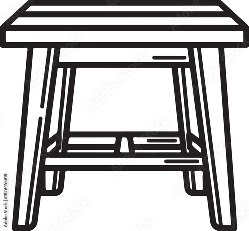 Simple Line Art Wooden Stool with Slatted Shelf and Four Legs Keywords: stool, wooden stool