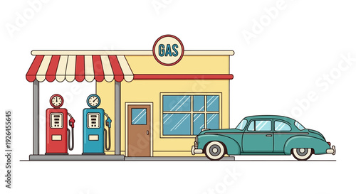 Retro gas station illustration with vintage car and fuel pumps