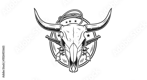 Vintage Bull Skull Illustration with Western Elements and Revolvers