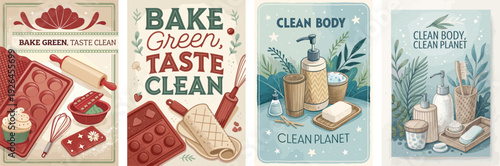 Set of eco-friendly baking and body care illustrations featuring warm tones.