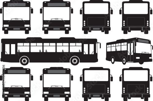 Black and white bus vector silhouettes, front and side views, transportation icons, public transit vehicles, commuter buses, educational graphics, urban mobility illustration