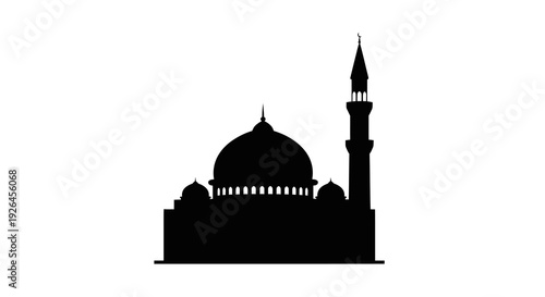 Silhouette of a mosque with dome and minaret on white background