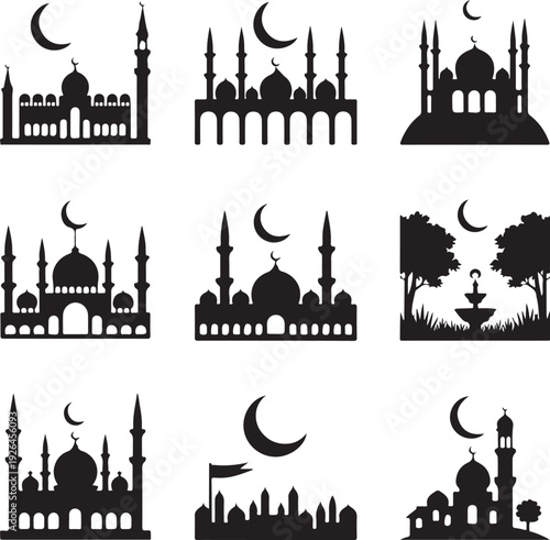 black silhouettes of mosques and buildings with crescent moons