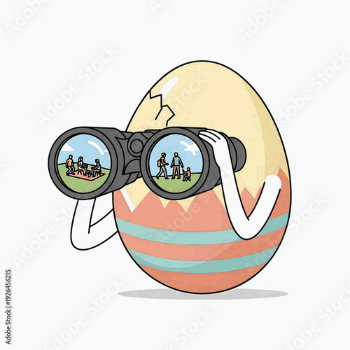 Cracked egg looking through binoculars at families having a picnic, observation concept
