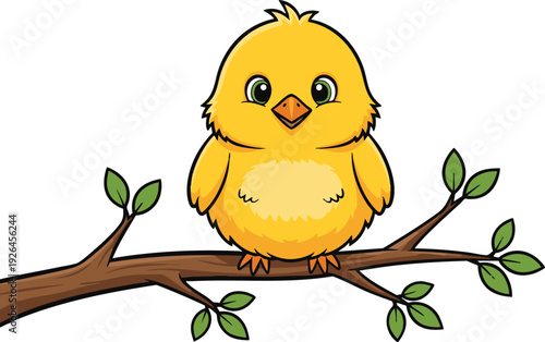 Cute yellow chick bird perched on a brown tree branch with green leaves against a clean white background