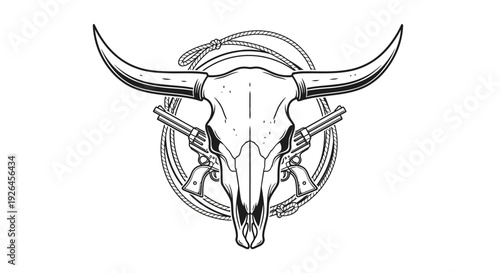 Western bull skull with crossed revolvers and rope illustration