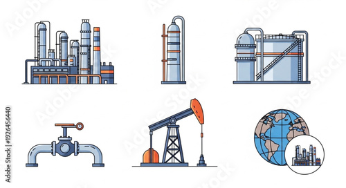 Oil and gas industry infrastructure and equipment illustration on white background.