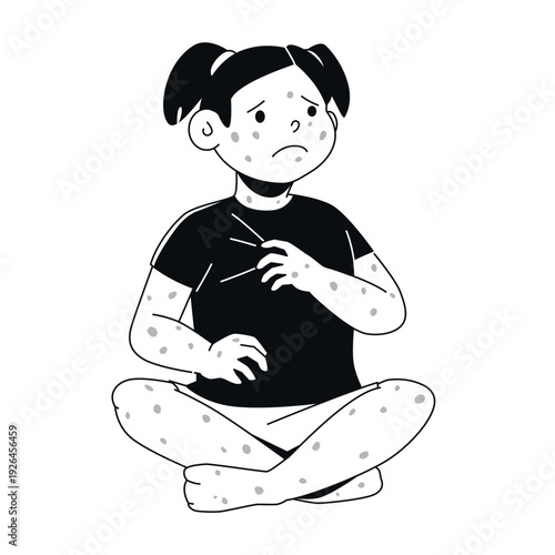 Girl with Chickenpox - Black and White Flat Design Illustration