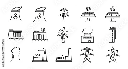 Collection of various energy sources and power generation icons.