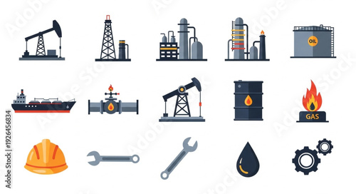 Oil and Gas Industry - Extraction, Refining, and Transportation Icons.