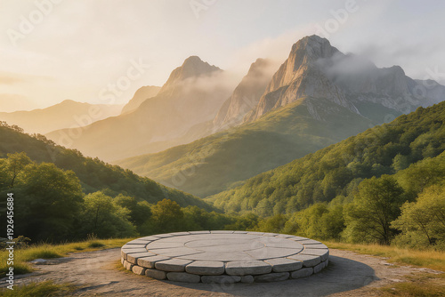 Stone Platform with Mountainous Landscape in Morning