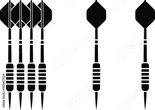 Black silhouette vector illustration of grouped darts with flights and grips, sports equipment design for dart game, competition, accuracy, leisure activity themes