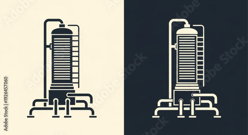 Industrial plant illustration depicting a chemical processing tower with pipes and structures.