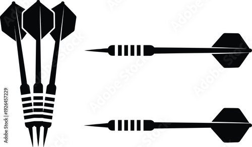Black silhouette vector illustration of multiple darts grouped and aligned, sports equipment design for dart game, competition, accuracy, leisure activity, target practice