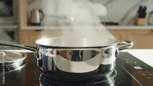 Close-up of Stainless Steel Pot Boiling on Electric Stove