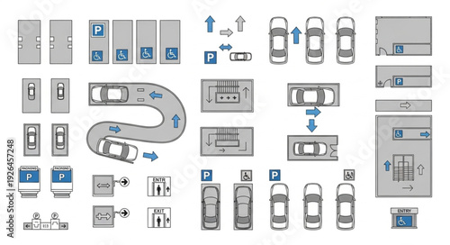 Parking lot design elements and symbols for navigation and guidance.