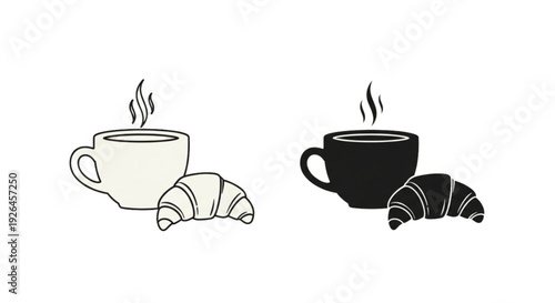 Coffee and Croissant Icon – Breakfast Cafe Outline Vector Collection