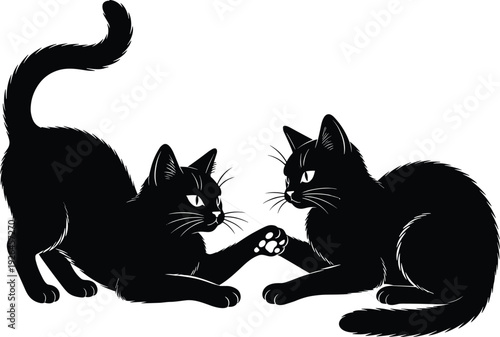 Black cats vector illustration, playful feline artwork, animal silhouette design, cute pet icon, domestic cat interaction, affectionate gesture, cartoon style decoration.