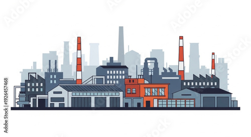 Industrial cityscape featuring factories, chimneys, and urban infrastructure, a visual representation of manufacturing.