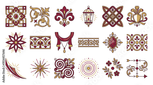 Luxury ornate decorative elements collection in red and gold