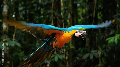 Vibrant macaw soaring through lush green jungle foliage with wings spread wide.