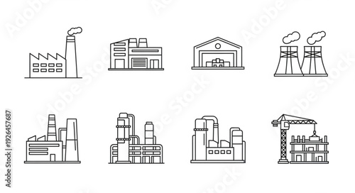 Industrial factory buildings and construction site sketches in a row.