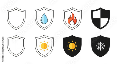 Protection Shield Icon Set – Safety and Insurance Outline Vector Collection