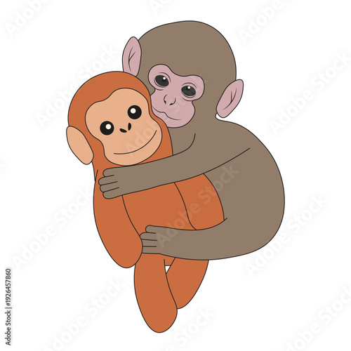 Punch monkey with toy mother isolated transparent background. Perfect for kids child t-shirt print zoo poster cover design and World Hugs Day card cover. Editable stroke Vector illustration EPS 10