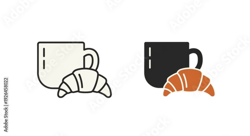 Coffee and Croissant Icon – Breakfast Cafe Outline Vector Collection