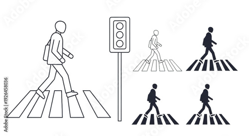 Pedestrian Crossing Icon – Road Safety Outline Vector Collection