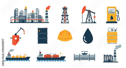 Oil and gas industry equipment and transportation vector illustration set.