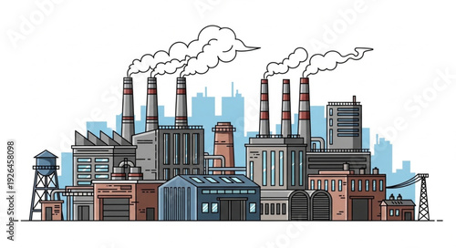 Industrial complex illustration showcasing factories, chimneys, and pollution emissions into the atmosphere.