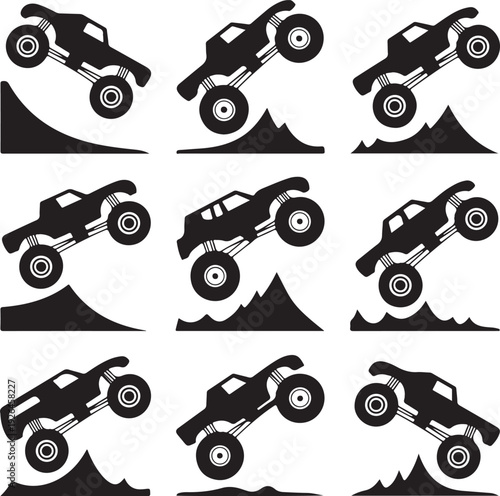 black monster truck silhouettes jumping on hills