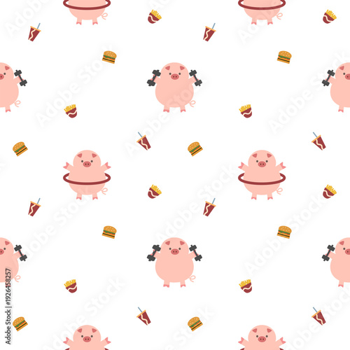 Pig exercise dumbbell and hula hoop  cartoon so cute. On hamburger French fries drinks background. Pattern seamless vector illustration. 