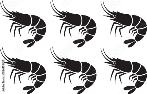 Black shrimp silhouette vector illustration, seafood design element, marine animal artwork, crustacean graphic icon, aquatic food symbol, fishing industry decoration, culinary art.