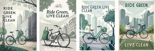 Stylish green bicycles against urban landscapes promoting sustainable living.