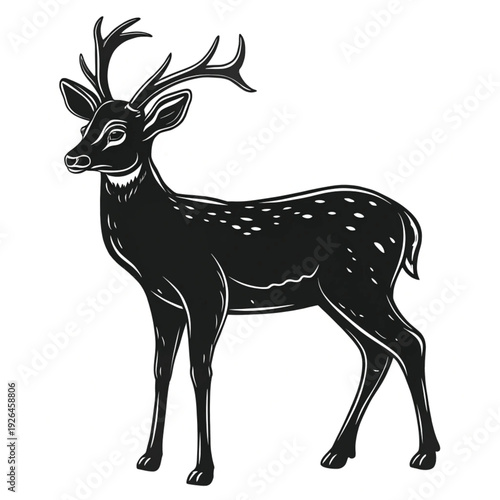 A detailed black and white illustration of a majestic deer standing