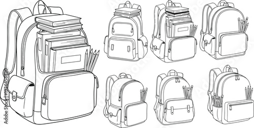Black and White School Backpack with Books and Pencils Vector Illustration Set for Education and Back to School Concept