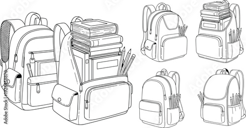 Black and White School Backpack with Books and Stationery Vector Illustration Collection for Education and Back to School Theme