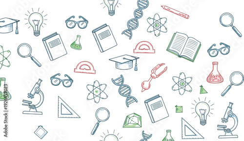 Hand Drawn Science and Education Icons Pattern Featuring Microscope DNA Atom Books and Laboratory Equipment Vector Background Design
