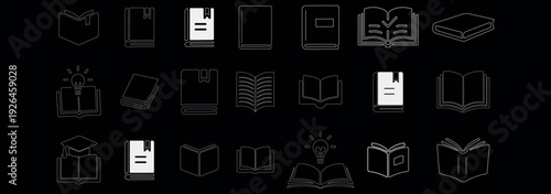 Open book icon set featuring outline, half-filled, and solid variations