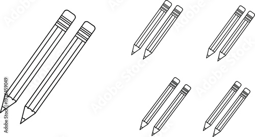 Minimal Pencil Line Icon Set with Multiple Angled Wooden Pencils, Black and White Education Stationery Vector Illustration