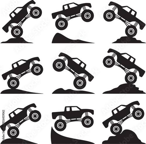 black monster trucks jumping on hills in different positions