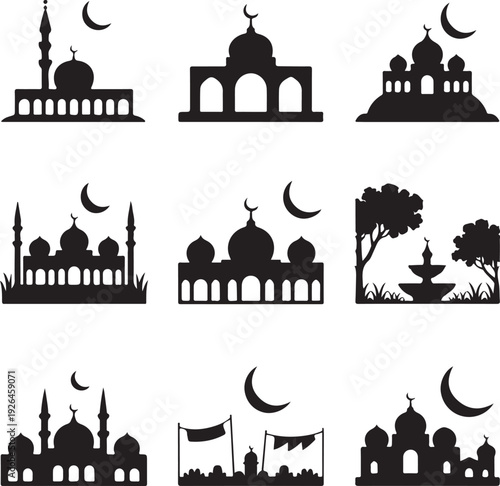 Black silhouettes of mosques and crescent moons on white background